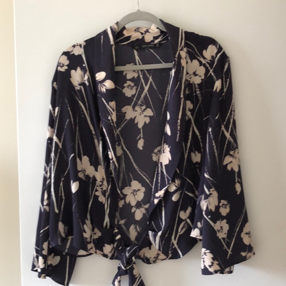 Zara Floral Wrap Blouse - Black and Cream